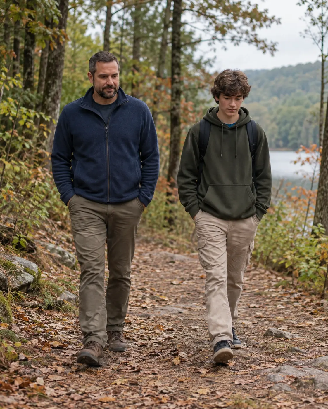 An adult man and teenage boy walking side by side on a quiet wooded path, both looking ahead
